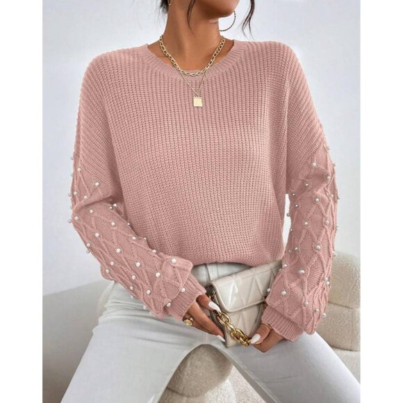 Casual Pink Pearl Round Neck Drop Shoulder - Picture 6 of 6